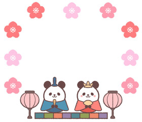 パンダのひな祭りの人形と複数の梅の花フレーム