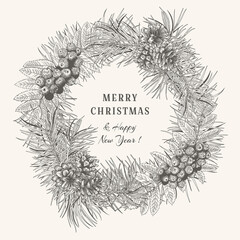 Christmas wreath with mountain ash, pine branches and cones. Sketch. Black and White. © Anna