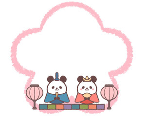 パンダのひな祭りの人形と梅の花線画フレーム