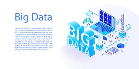 Big data concept as isometric 3d vector illustration. Wide website banner layout of notebook and data processing.