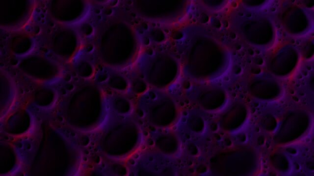 Abstract morphing holes in various sizes. The effect is overlaid with pinkish red textures for extra detail. Seamless loop.