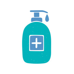 Hand sanitizer pump bottle, isolated on white background. Washing gel, antiseptic for hands. Symbol Coronavirus Covid 19 pandemic. Vector shabby  hand drawn illustration