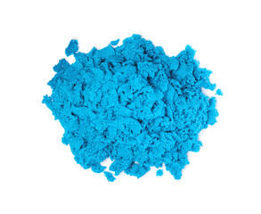 Pile of blue kinetic sand on white background, top view