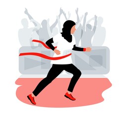 Muslim girl in black hijab and sportswear wins the marathon race. Red ribbon. Flat background fans in the stands.
Modern vector illustration concept. EPS10