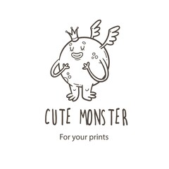 Obraz na płótnie Canvas Vector card with cute cartoon monster. Funny fictional animal . Doodle line art creature print. Childrens fairy tale poster.