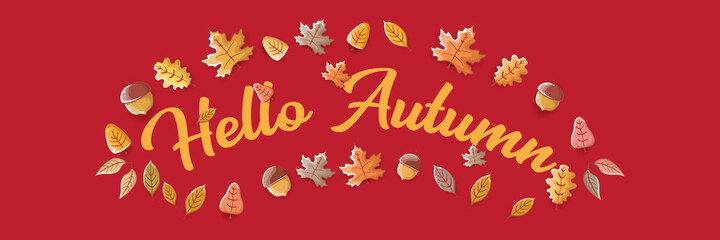vector hello autumn horizontal banner or label with text and falling autumn leaves on red horizontal background. Cartoon hello autumn poster, flyer or banner
