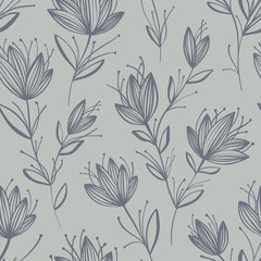 Seamless pattern of abstract flowers, drawn by line by hand. Monochrome grey sketch of wildflowers wallpaper. Ink drawing for design invitations, print fabric