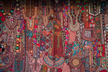 Closeup of embroidery and mirror work art of Rajasthan, India - obrazy, fototapety, plakaty