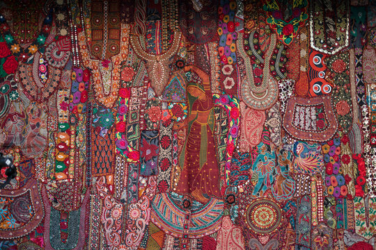 Closeup of embroidery and mirror work art of Rajasthan, India
