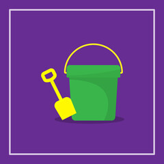 Obraz premium Vector illustration of a sand bucket and shovel. Children's toy. Isolated background vector flat design.