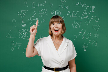 Insighted smart teacher mature elderly senior elegant lady woman 55 years old wears shirt holding index finger up with great new idea isolated on green wall chalk blackboard background studio.