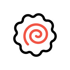 Narutomaki or kamaboko surimi vector outline icon. Traditional Japanese naruto steamed fish cake with pink swirl in the center. Topping for ramen noodle soup isolated illustration.