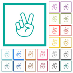Victory sign hand gesture flat color icons with quadrant frames