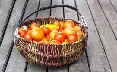fresh tomatoes in a basket on a wooden background