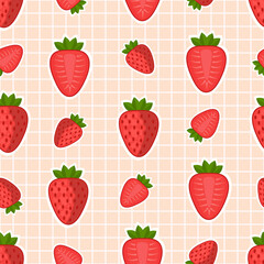 Cute red strawberries with grid lines seamless vector pattern design