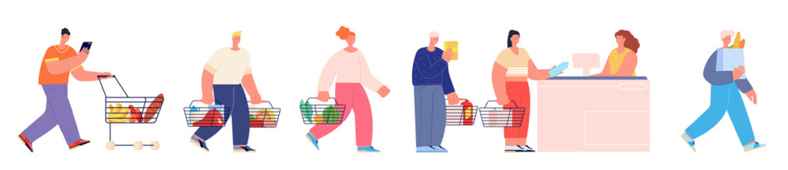 Queue to cashier. People waiting line, man buying food in supermarket. Grocery store customers, isolated flat shoppers utter vector concept