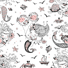 Seamless pattern with cute little mermaids. Vector