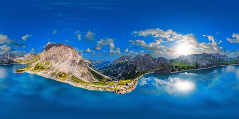 Alps skypano 360° x 180° VR above the Luenersee in the Austrian alps - obrazy, fototapety, plakaty