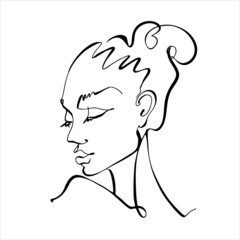 Line art. The girl's face is drawn with one line of the Cosmetology logo. Black and white Vector
