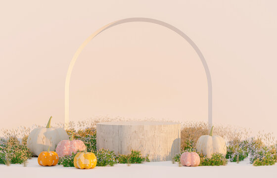 Autumn scene with product stand and pumpkins. 3d rendering background.
