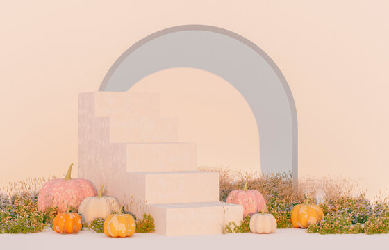 Autumn scene with product stand and pumpkins. 3d rendering background.