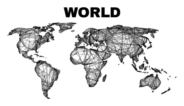 Wire frame irregular mesh world map. Abstract lines form world map. Wire frame flat network in vector format. Vector model is created for world map using crossing random lines.