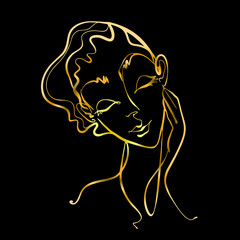 Line art. The girl's face is drawn with one line. Cosmetology logo. Beauty salon.Gold on black. Vector