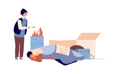 Poor people problems. Isolated homeless characters sleeping and bask by fire. Poverty man woman, refugee. Vector charity concept