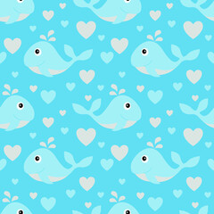 Blue cute funny blue whale cartoon kid and hearts seamless pattern. Vector illustration.