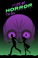 poster for halloween or horror movie marathon in green colours. skull and running couple