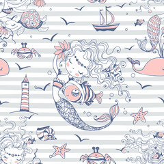 Seamless pattern with cute mermaids on a striped background. Vector