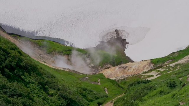 4K video. Steam-gas emission at the Mutnovsky volcano in Kamchatka, Russia.
