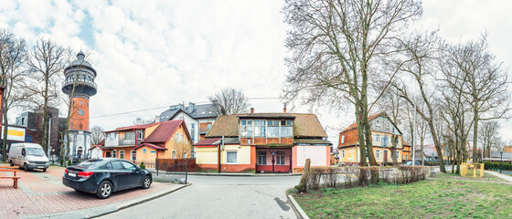 Tkachenko Street in Zelenogradsk, Kaliningrad region, Russia. Old German houses and Water Tower