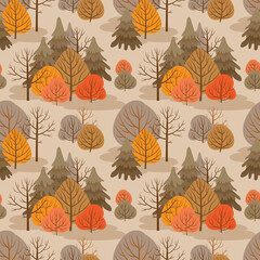 Autumn forest seamless pattern with different trees