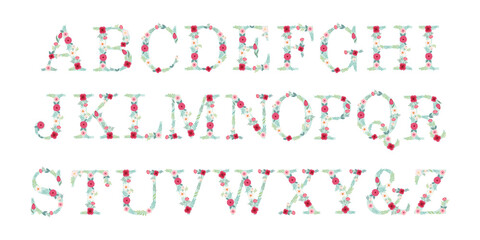 Cute vintage alphabet letters with hand drawn rustic flowers