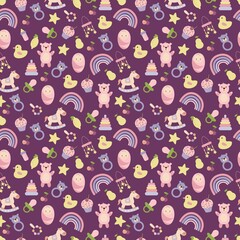 Baby pattern with child's toys, objects. Seamless pattern with baby things. Design for fabrics, textiles, wallpaper, packaging, children's room decoration.	