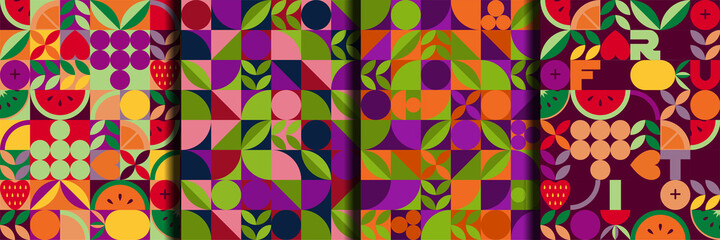 Vintage retro fruit abstract vector seamless patterns set.