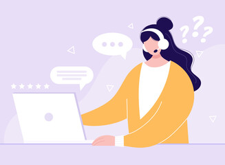 Customer support, call center worker. Female character with headsets and laptop talking with client.  Hand drawn vector illustration. Online support 24/7. Customer and operator...