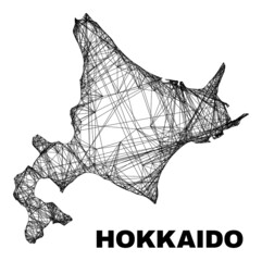 Wire frame irregular mesh Hokkaido map. Abstract lines are combined into Hokkaido map. Wire carcass flat net in vector format.