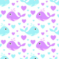 Blue and pink cute funny whale cartoon kid and hearts seamless pattern. Vector illustration.