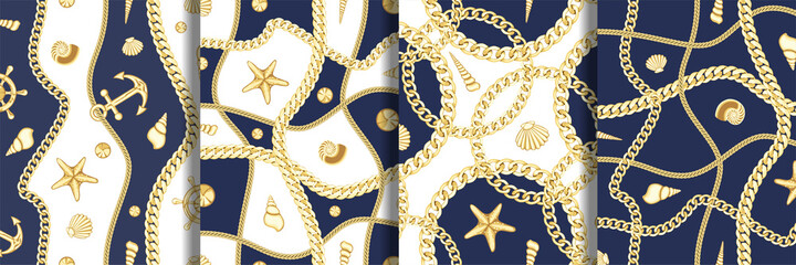 Golden Chains and Seashell Seamless Patterns Set. © kronalux