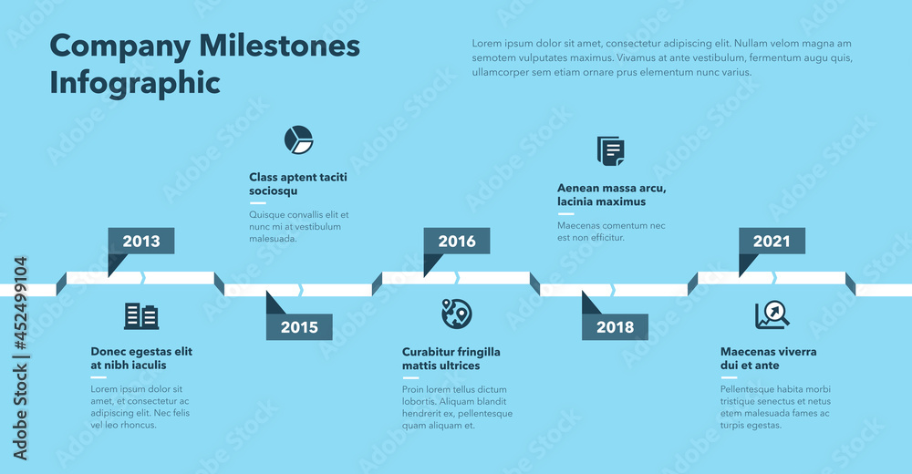 Poster simple infographic with five steps for company milestones - blue version. easy to use for your websi