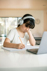 child girl, online learning, digital education, home schooling, studying at home 