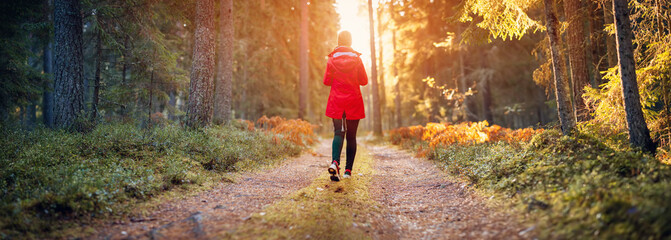 Young woman walking in the autumnal forest in sunrise.