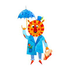 Tiger in a blue coat flying with an umbrella. Hand drawn watercolor illustration isolated on white background. Creative illustrations for baby design, wallpaper, packaging, textiles, packaging design.