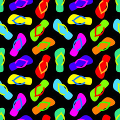 Flip flops seamless pattern on black background. Vector illustration.