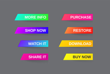 Set of Modern Gradient App, Website page or Game Buttons. Trendy gradient colors. Flat design.