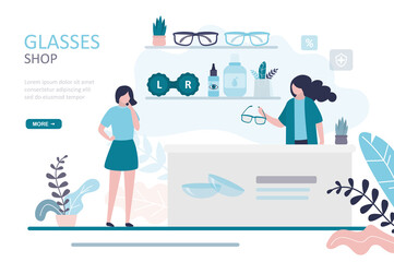 Girl chooses glasses or contact lenses in optics. Optometrist helps buyer to choose glasses