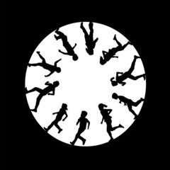 Circle frame with silhouettes of children running - 452500795