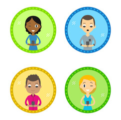 Set of Four Characters Icons with Device in the Hand. Take a selfie in the mirror with the Smartphone. Man and Woman.